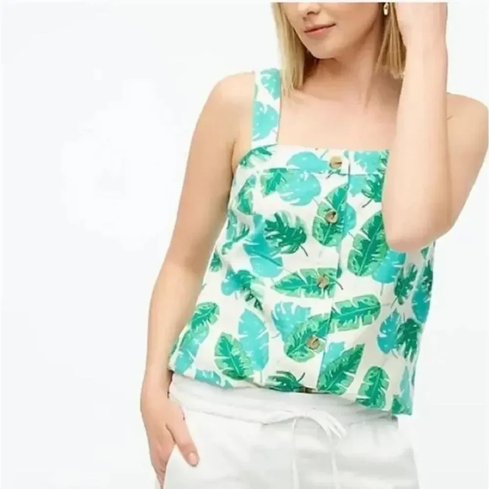 J. Crew Women's Linen-Blend Sleeveless Square Tank Top in Palm Print Size XXS